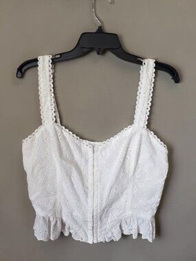 White Eyelet Corset Crop Top M Ruffle Hem